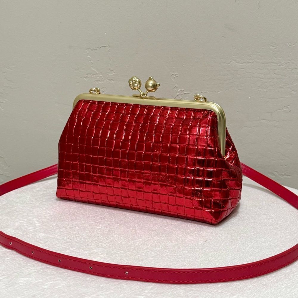 Red Metallic Croc-Embossed Kiss-Lock Clutch